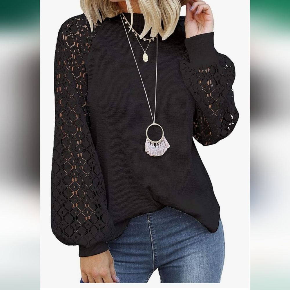 Miholl Women's Black Loose Fit Lace Long Sleave Crew Neck Top